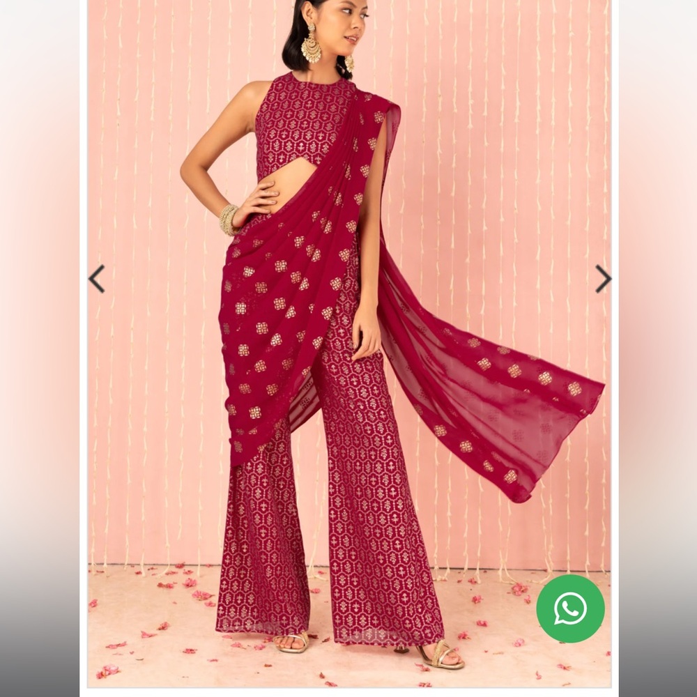 NIKHIL THAMPI Pink Geometric Foil Print Top With Pants And Detachable Drape